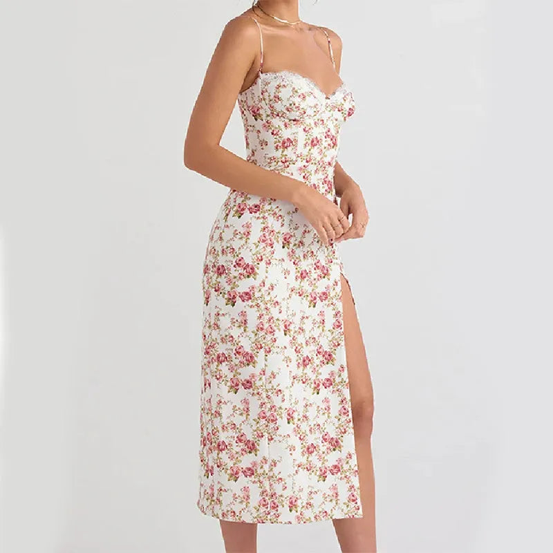 Women's lace flowers print long dress with suspender straps and side slit design
