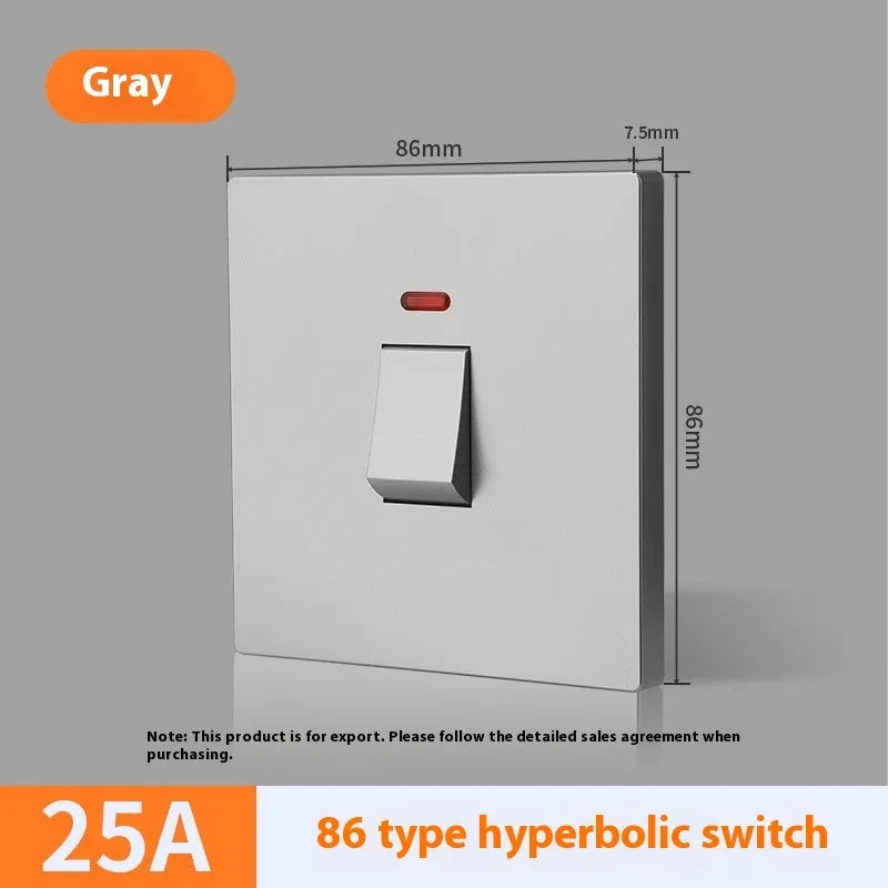 Gold, grey, or white coloured industrial switch with light panel for 25A or 45A high-current circuits.