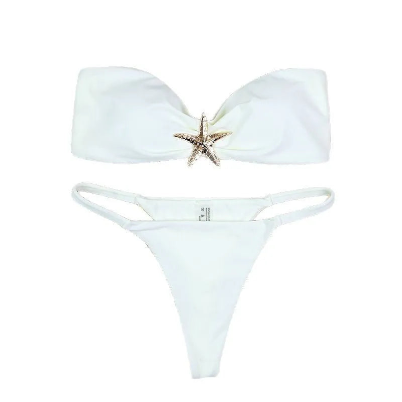 Tube top bikini set with backless low waist briefs in black, white or blue, sizes S M L, nylon fabric