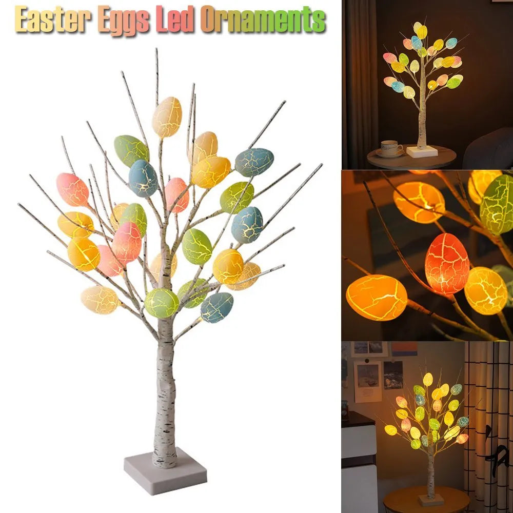 60cm white LED birch tree Easter decoration with adjustable branches and hanging cracked egg ornaments