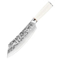 Hand-forged stainless steel kitchen knife set with 7 blades on a wooden cutting board