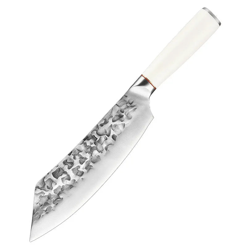 Hand-forged stainless steel kitchen knife set with 7 blades on a wooden cutting board