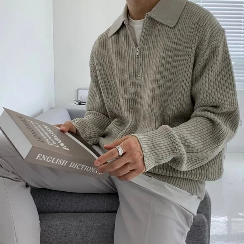 Men's lapel sweater winter pullover loose knitwear light business casual in khaki