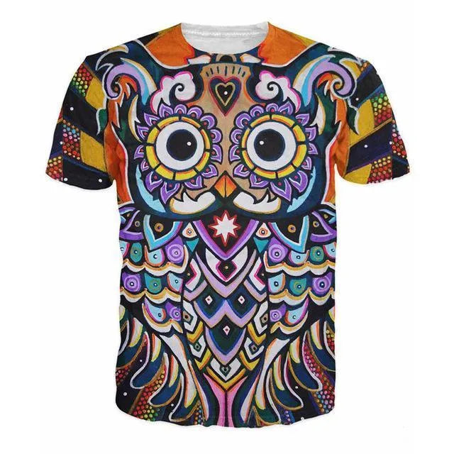 Free shipping 3D printed psychedelic owl O-neck T-shirt for men and women, summer top in size S to 6XL