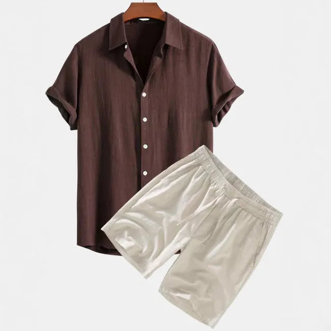 Men's solid colour casual short-sleeved shirt and shorts suit set on a hanger.