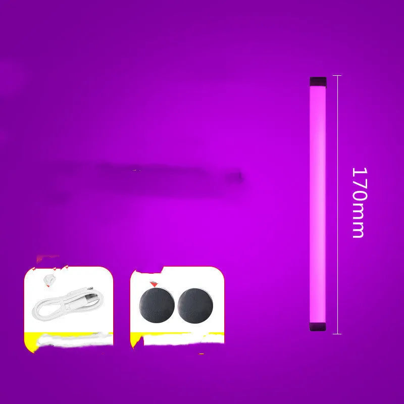 Rechargeable dimmable LED tube light in blue or purple colour showing 17cm, 32cm, and 52cm size options.