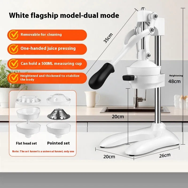 Stainless steel manual orange juicer with quick disassembly mechanism on a commercial countertop