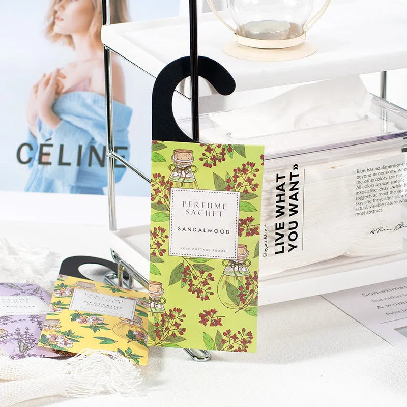 Set of five 30g household sachets in assorted fragrances, each 21x8cm, for wardrobes and drawers