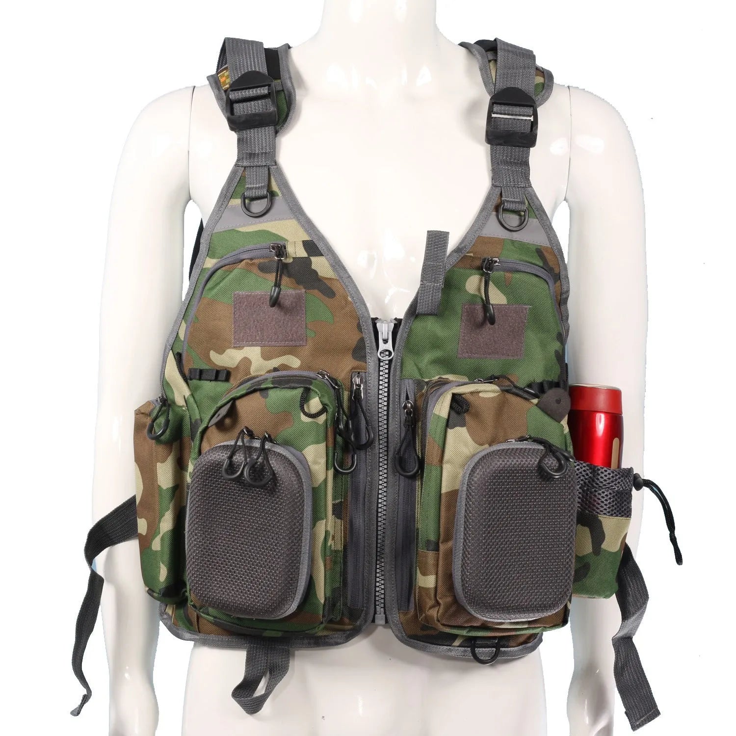Grey fishing life jacket with multiple pockets and reflective strips showing removable foam buoyancy inserts