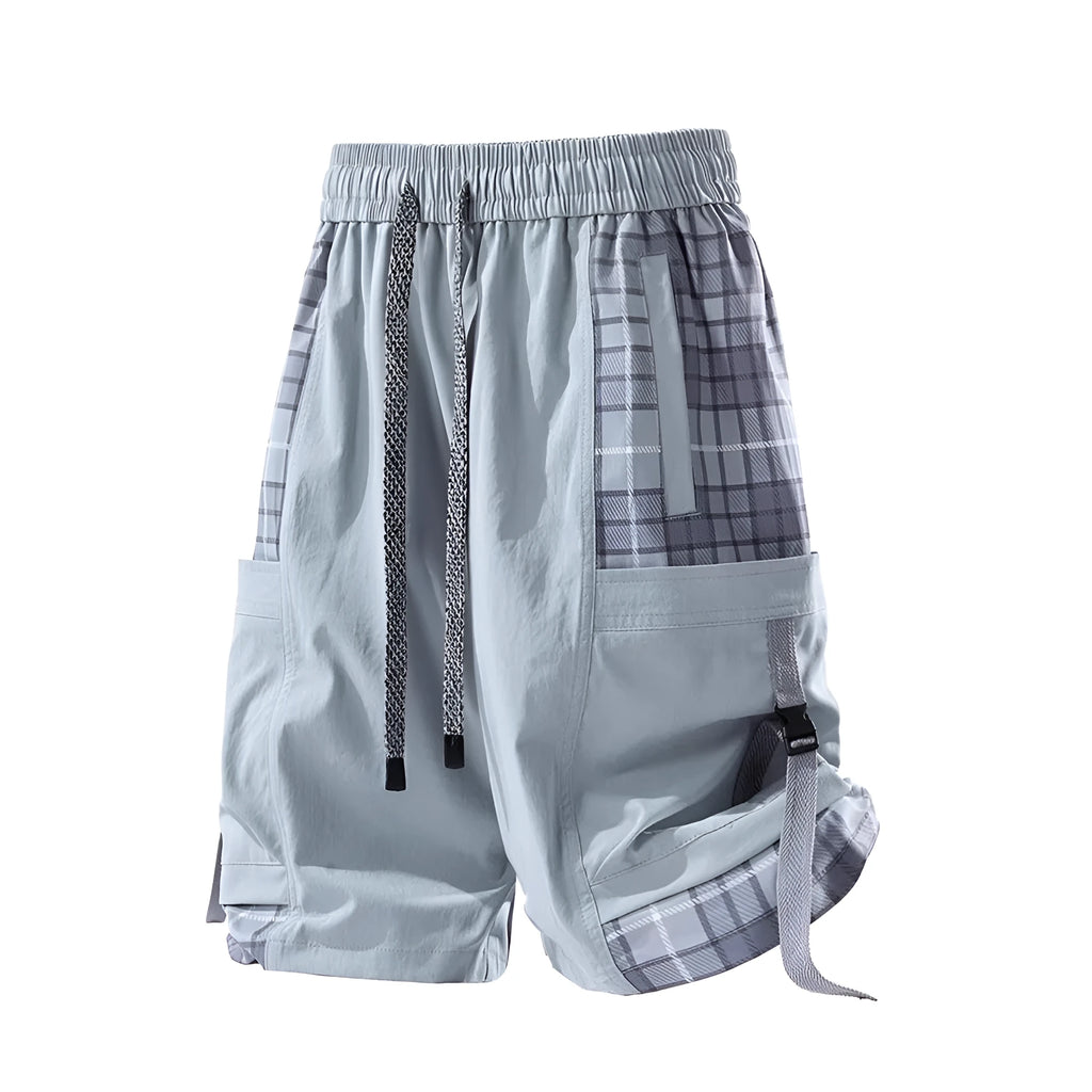 Men's loose-fit cargo shorts with plaid stitching detail in light grey.