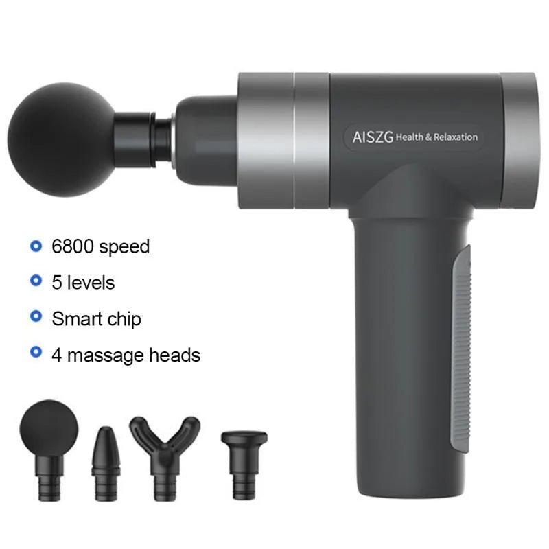 USB rechargeable muscle massager in grey with space aluminium body and silicone head