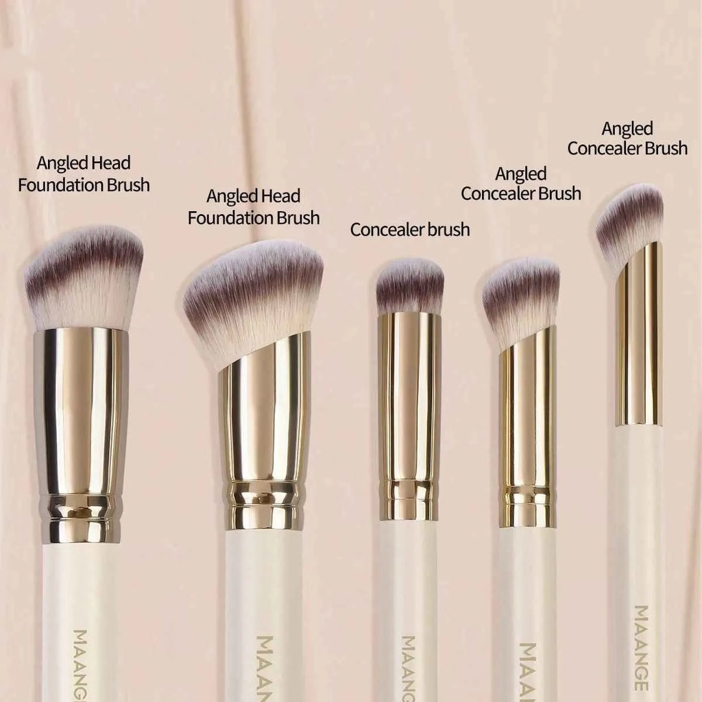 MAANGE five-piece angled blush and foundation makeup brush set with apricot handles.