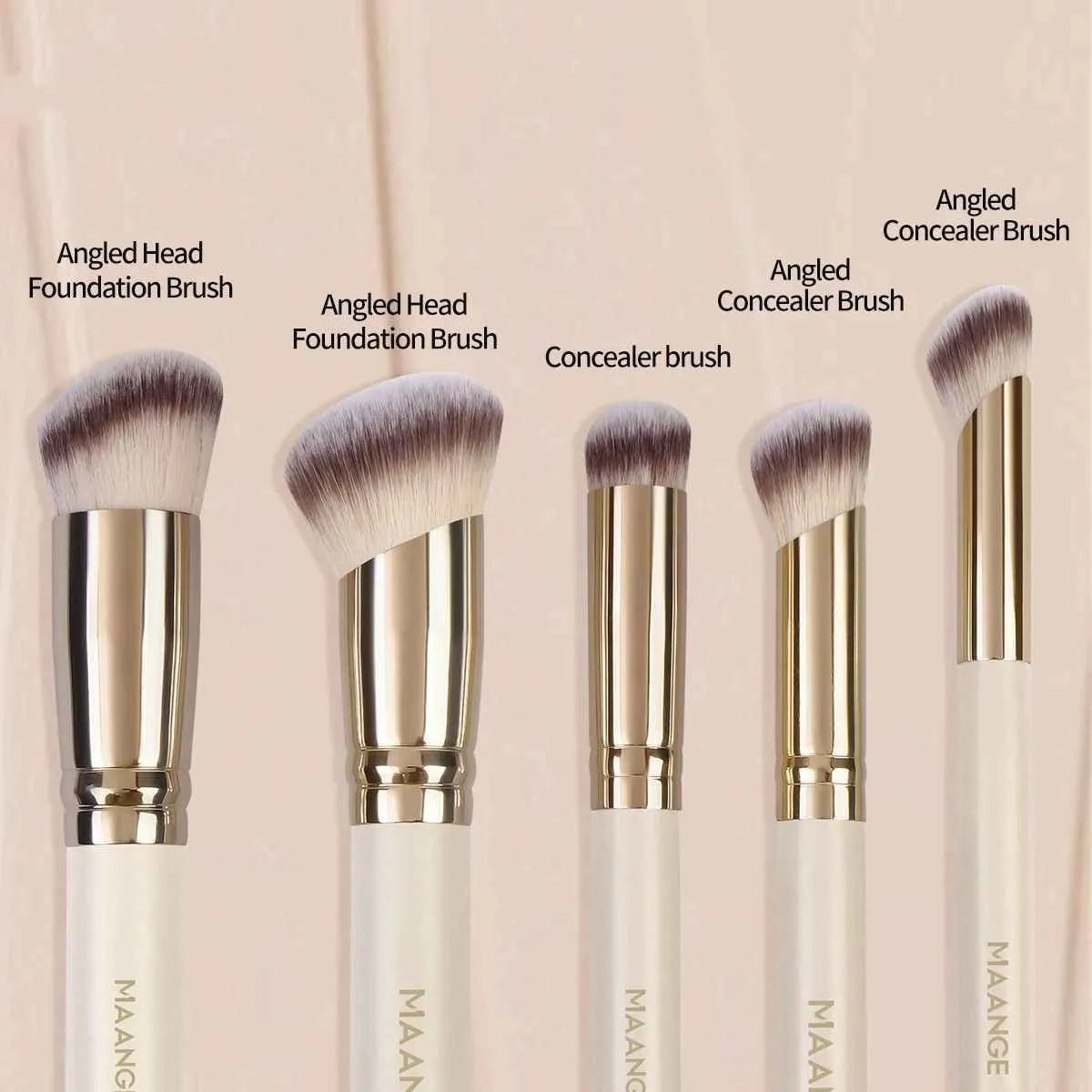 MAANGE five-piece angled blush and foundation makeup brush set with apricot handles.