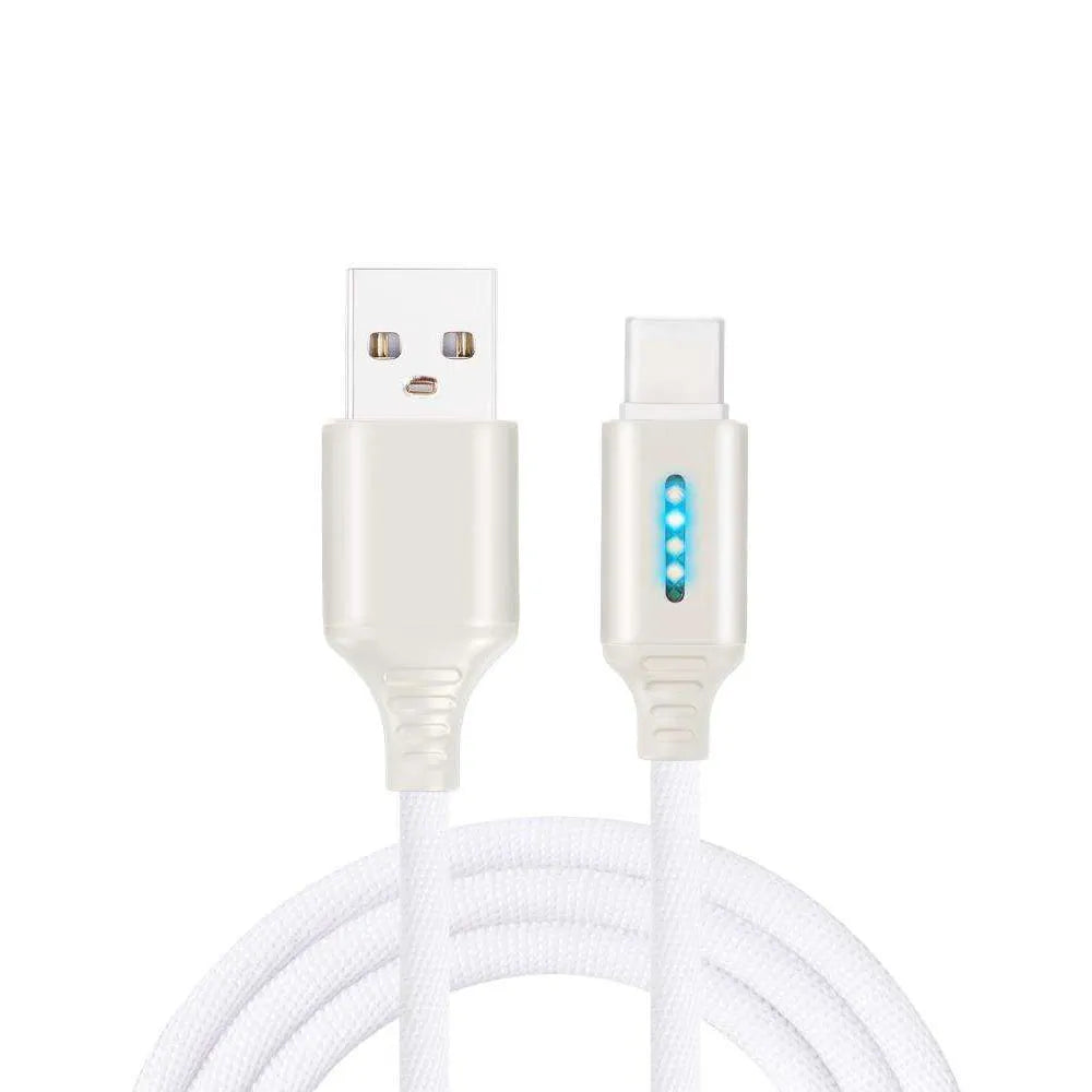 Fabric braided USB charging cable, 1 metre long, with connectors for phone and USB port.