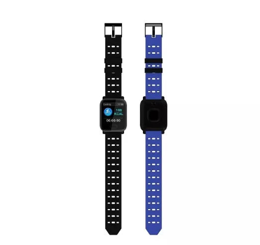 A6 smart fitness tracker with colour screen and blue silicone strap on a wrist