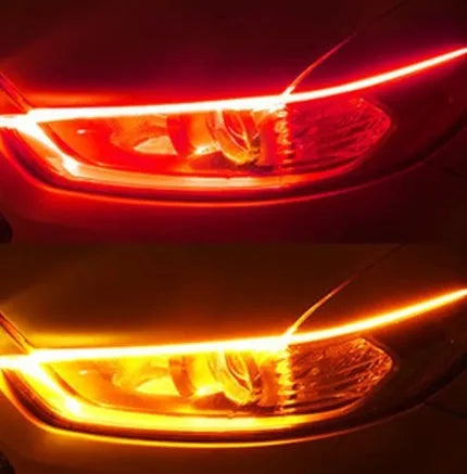 60cm ultra-thin car LED tear light guide strip in white yellow two-colour mode on a dark background