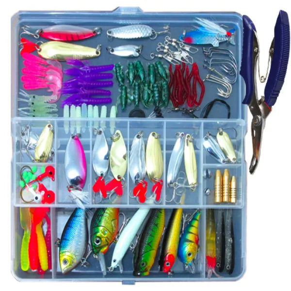 132-piece rose red treasure fishing lure suit set with soft baits and hooks on a blue background.