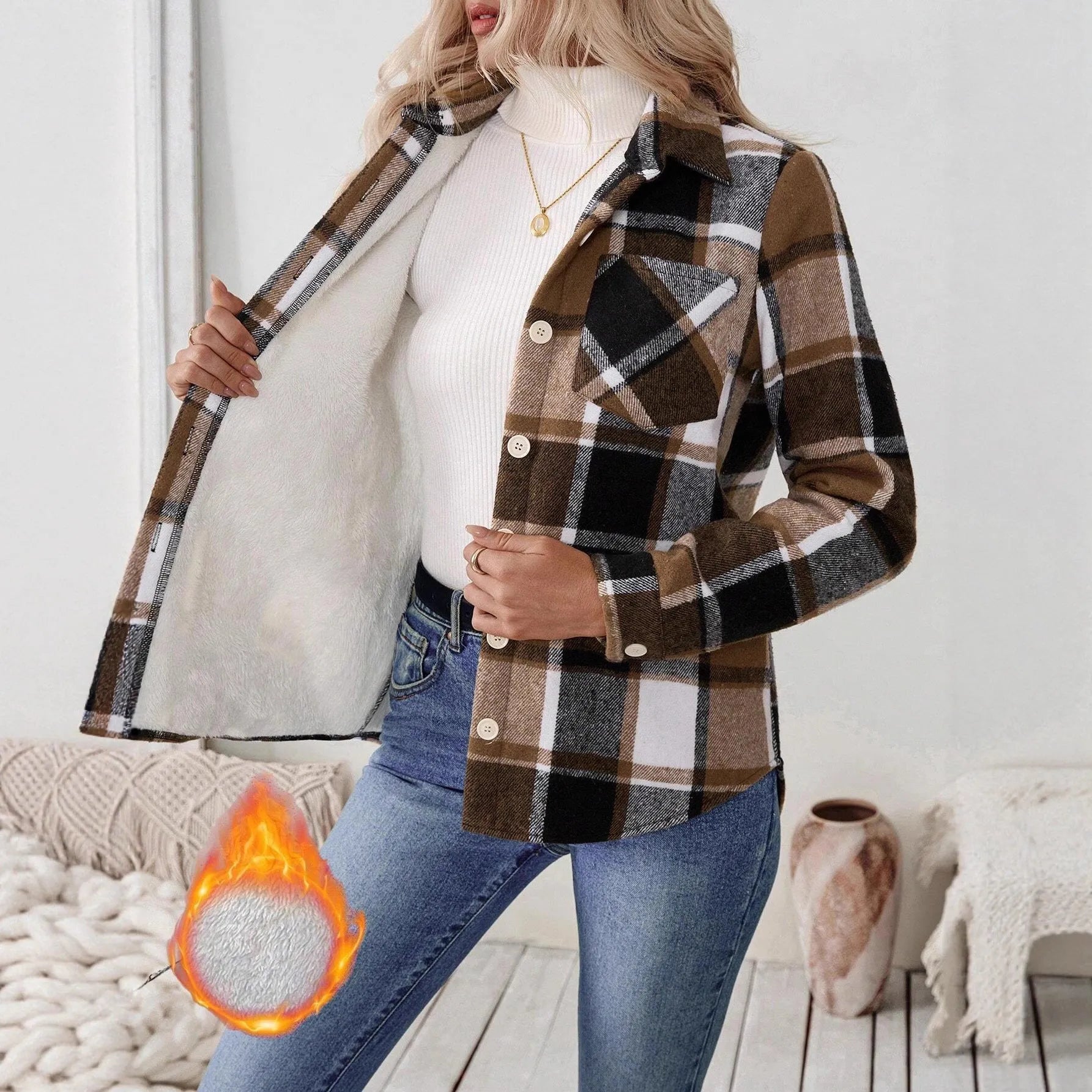 Woven plaid button shirt collar jacket top in brown, polyester, with pockets, medium thickness, regular fit