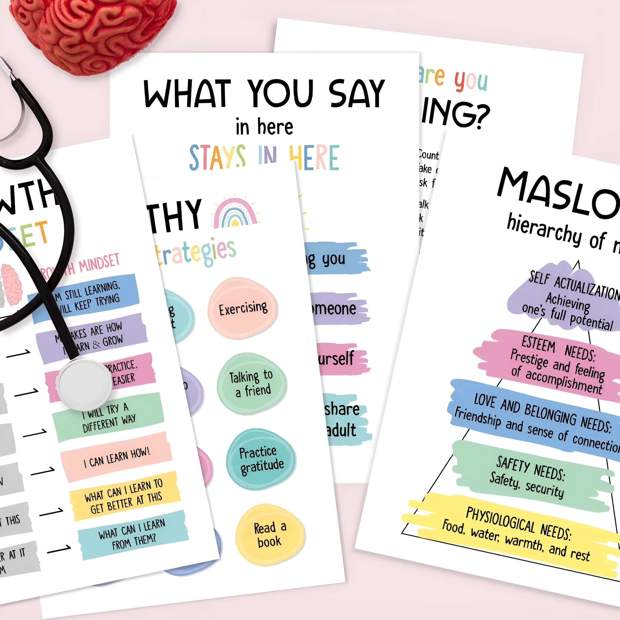 Set of 12 mental health posters on coated paper with bright film finish, 255x355mm each, including glue dots