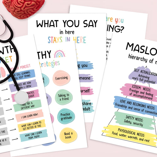 Set of 12 mental health posters on coated paper with bright film finish, 255x355mm each, including glue dots