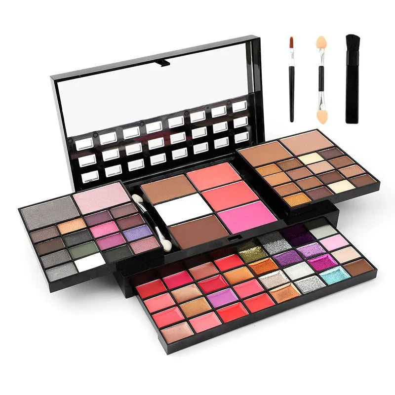 74 colour makeup palette with eyeshadows, lip glosses, concealer, blush and contouring powders in layered plates