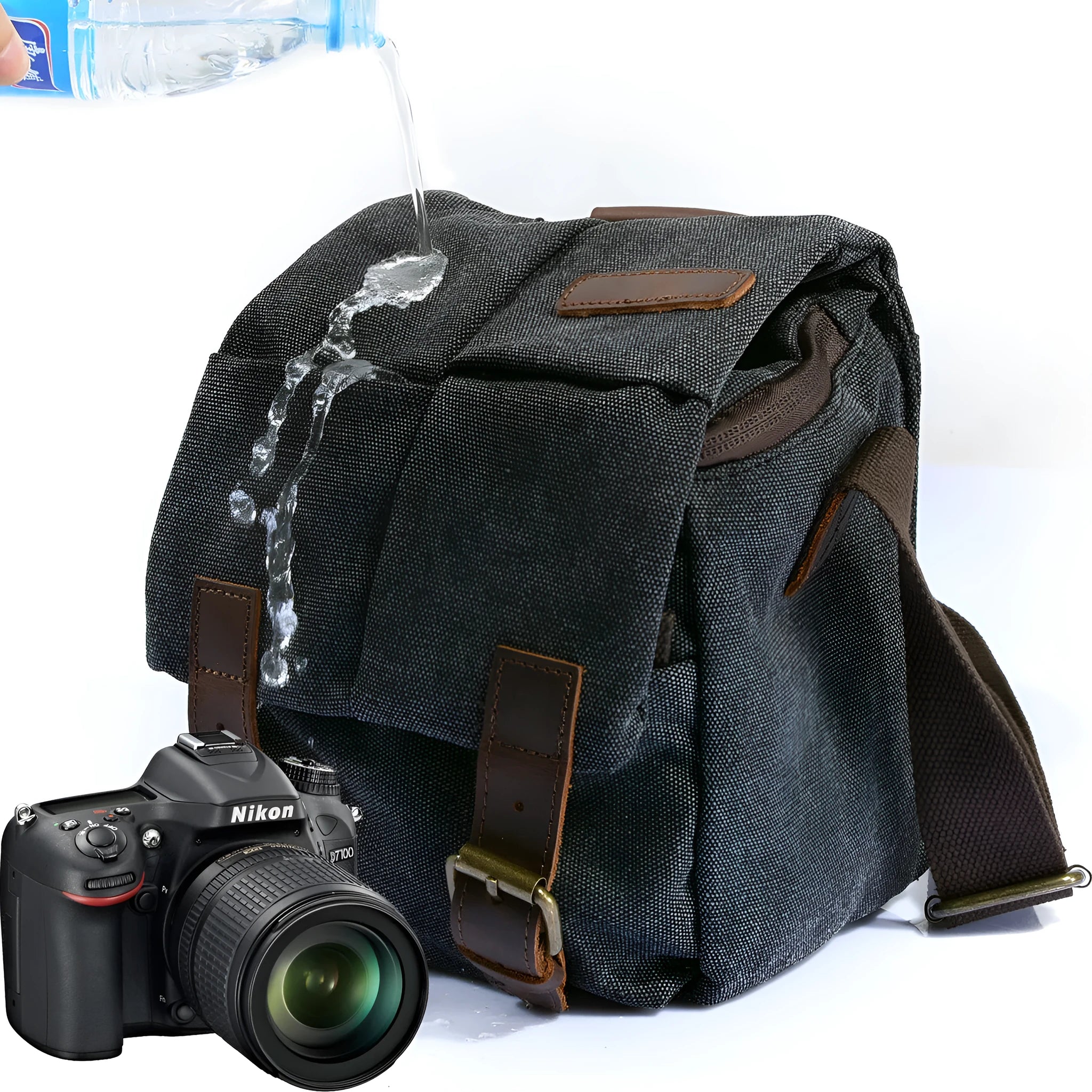 One-shoulder retro canvas waterproof camera bag for Canon SLR in dark grey