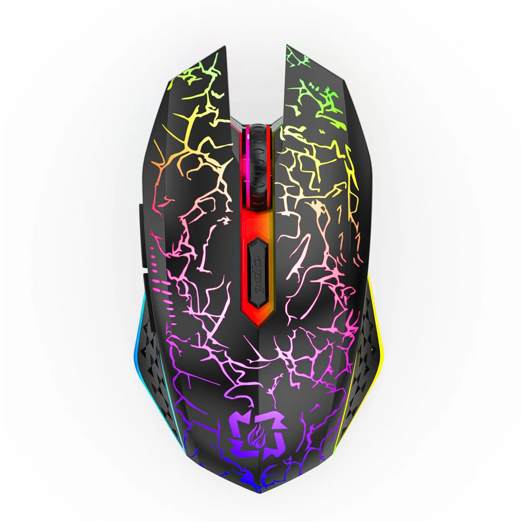 Black and white dual-mode 2.4G Bluetooth rechargeable gaming mouse with breathing light on a desktop.