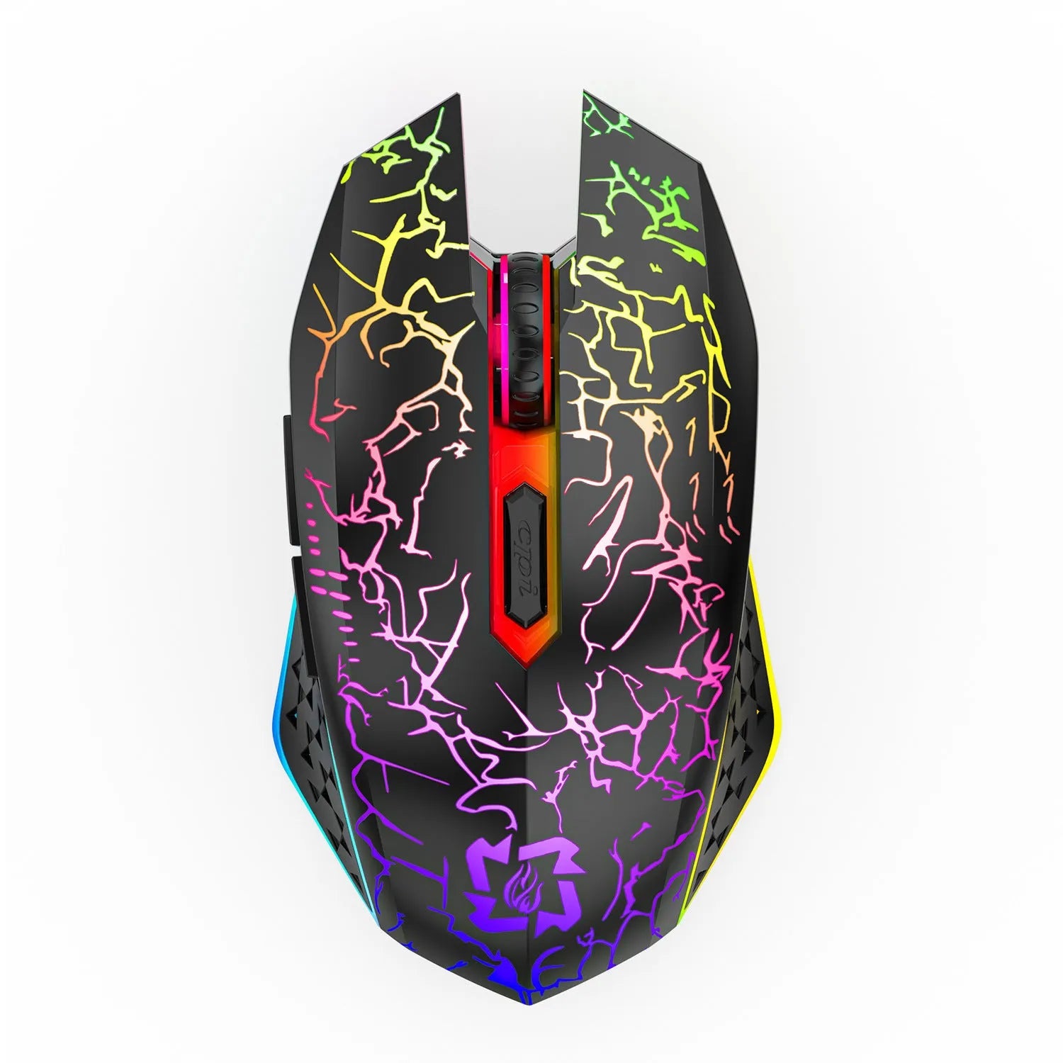 Black and white dual-mode 2.4G Bluetooth rechargeable gaming mouse with breathing light on a desktop.