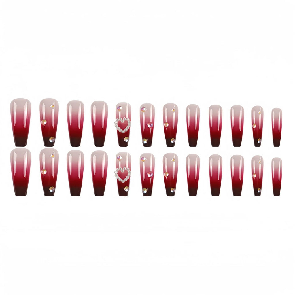 Wine red gradient false nail tips with plaid pattern in long ballet style with jelly glue