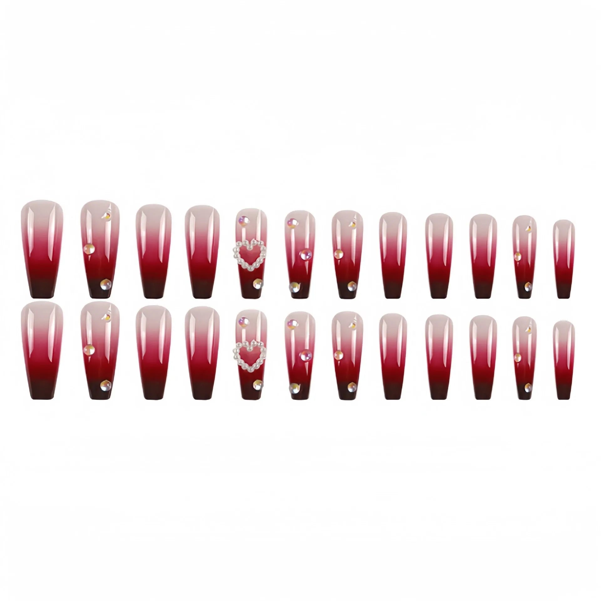 Wine red gradient false nail tips with plaid pattern in long ballet style with jelly glue