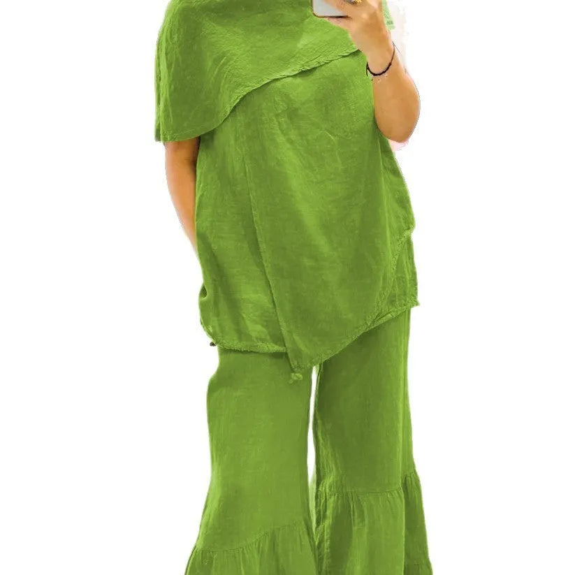 Women's cotton linen sleeveless top and long trousers set with patchwork detail, available in six colours, S to 5XL