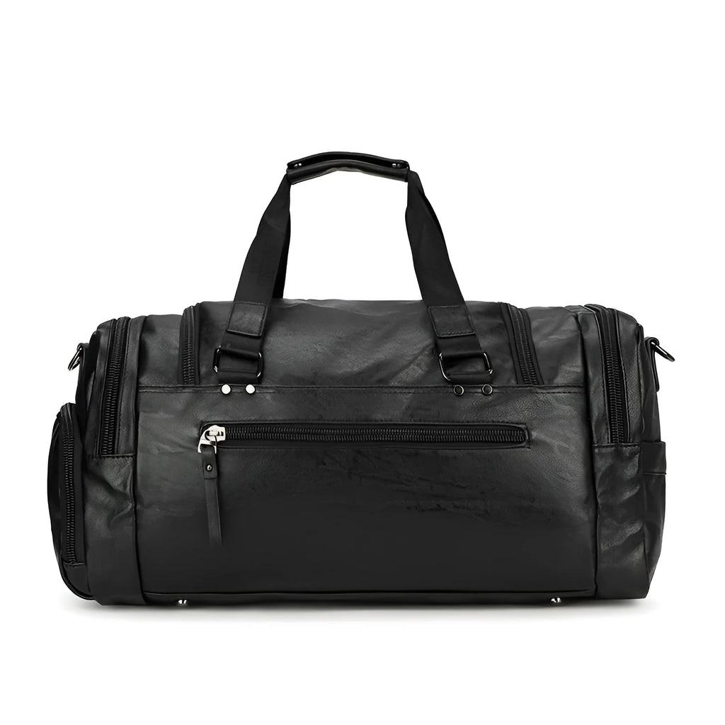 Large black travel bag with a separate shoe compartment, showing PU fabric exterior.