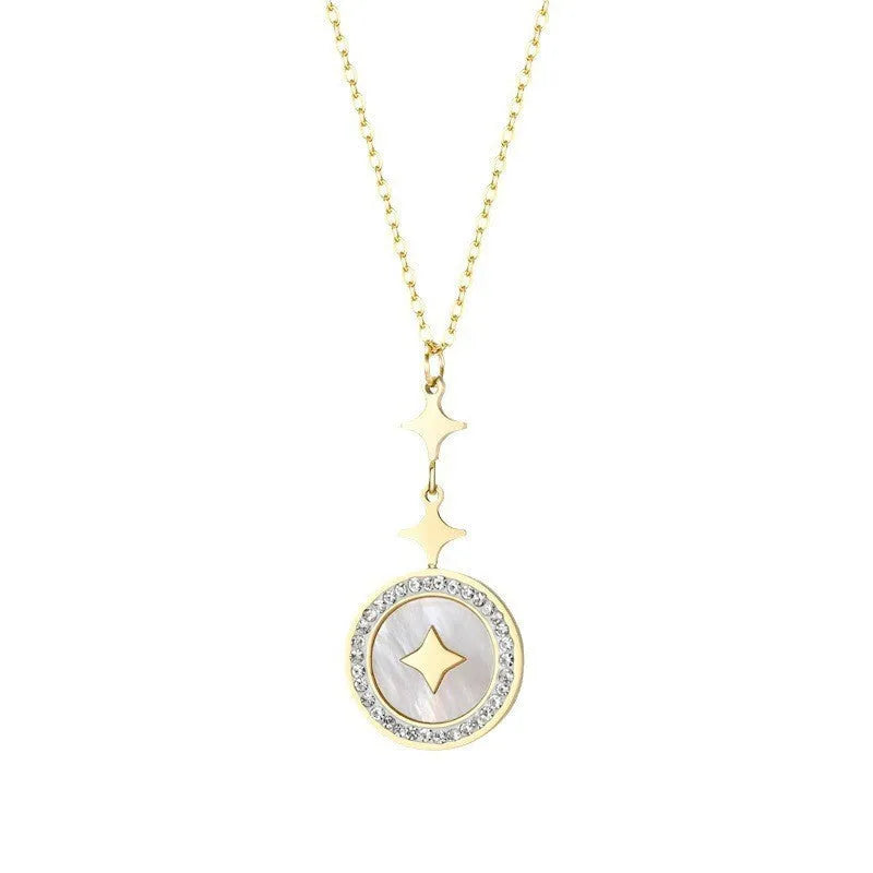 Gold titanium steel necklace with hexagonal star pendant on O-ring chain.