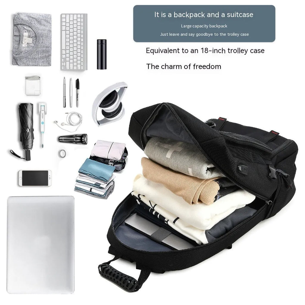 80L business travel backpack in black, Oxford cloth with composite cowhide, 55x20x35cm, USB interface