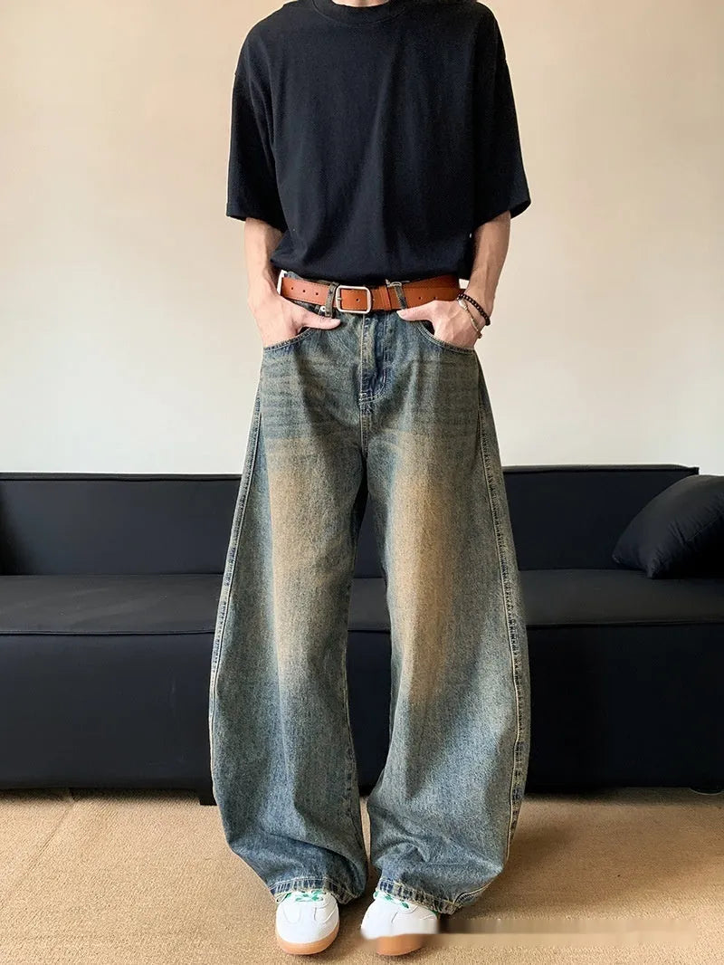 Men's retro blue distressed wide-leg jeans with micro elasticity cotton blend fabric