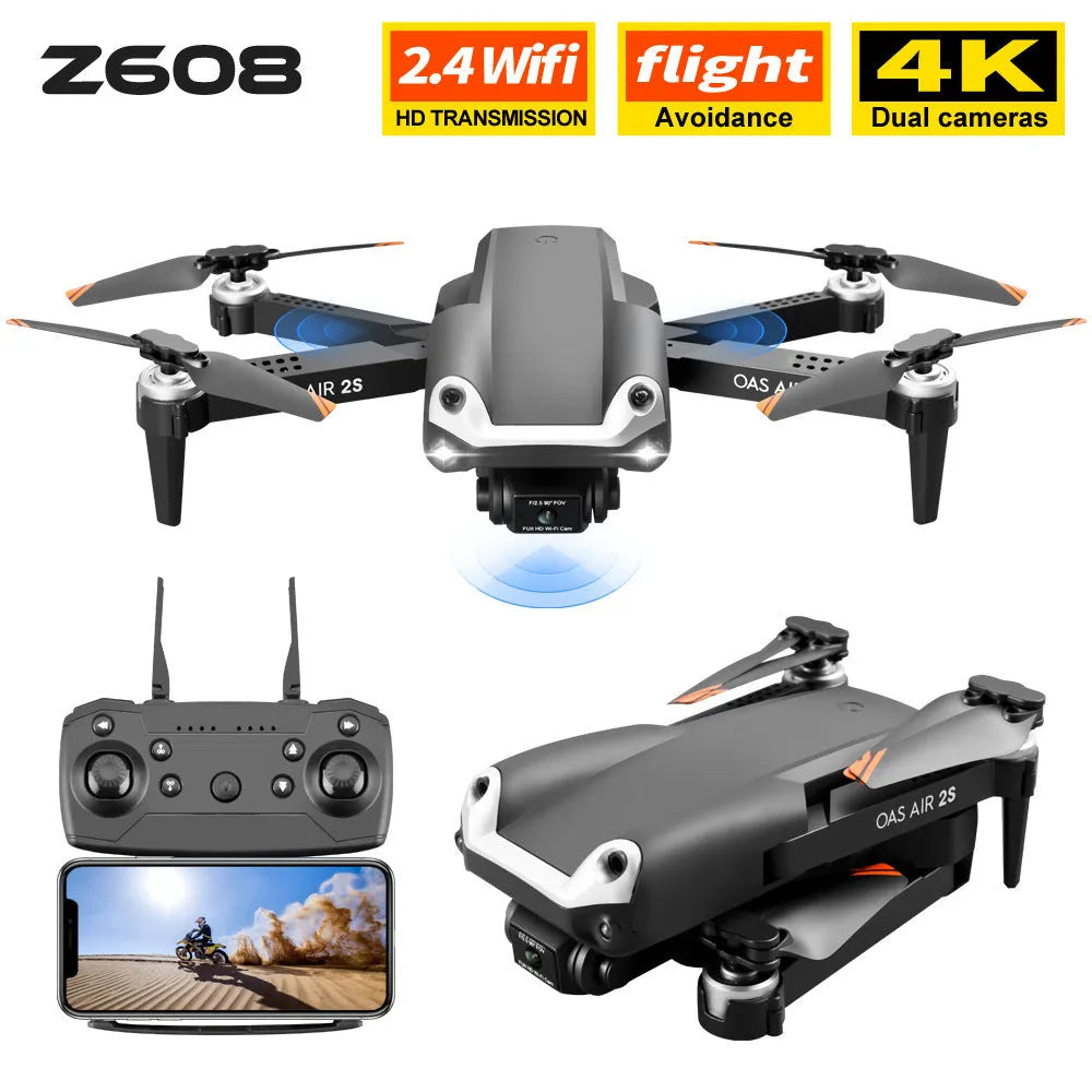 UAV folding four axis drone with 4K dual camera in black plastic, compact size 12.5x9x5cm