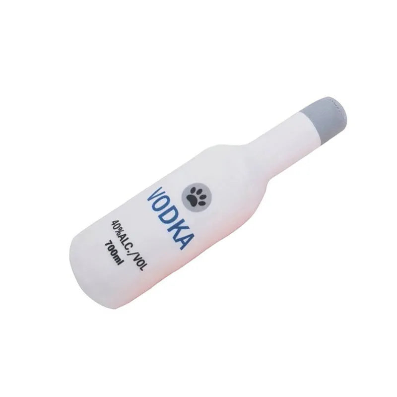 Plush wine bottle pet toy for dogs and cats in assorted colours