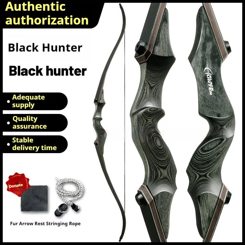 Traditional wooden recurve bow with colourful technology wood handle and multi-laminate limbs on display