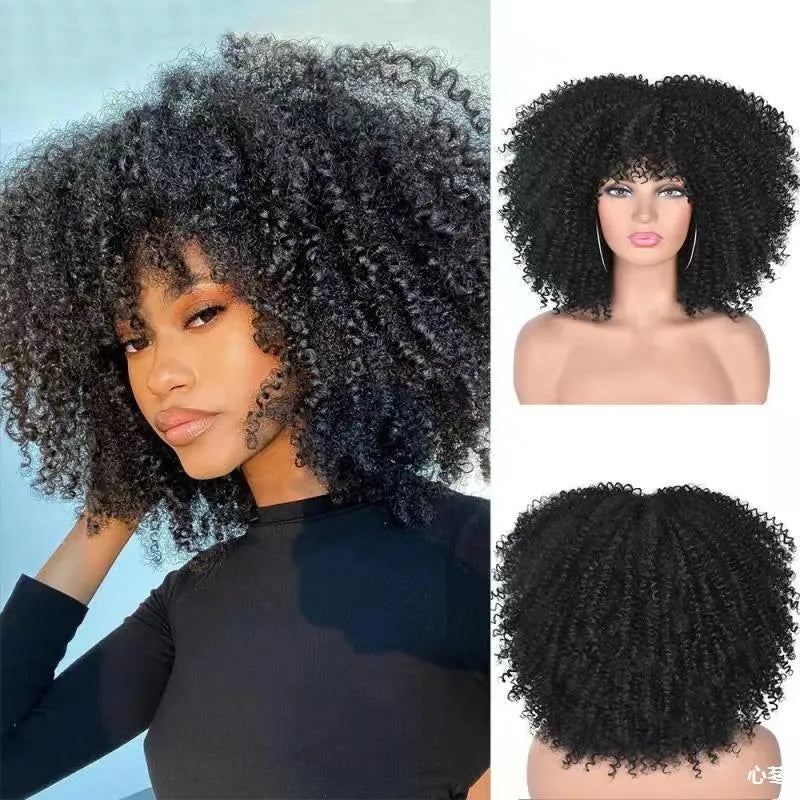 African small curly hair afro wig headgear in high temperature silk with bangs, available in multiple colours