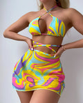 Yellow striped halter lace-up swimsuit set for women with matching skirt and shorts