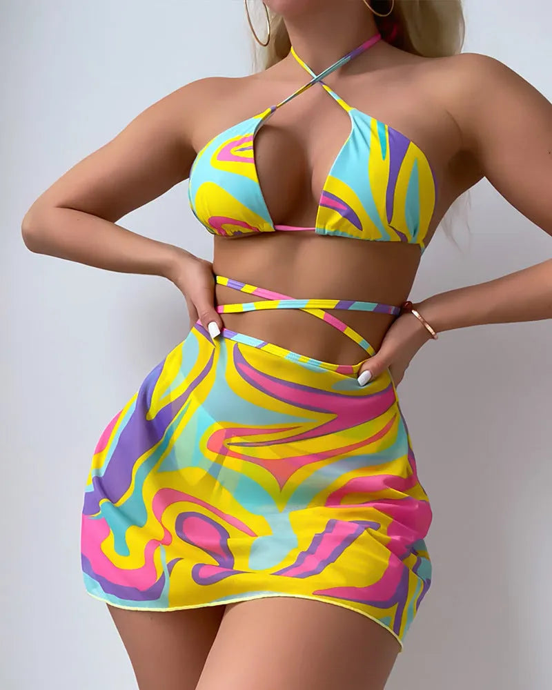 Yellow striped halter lace-up swimsuit set for women with matching skirt and shorts