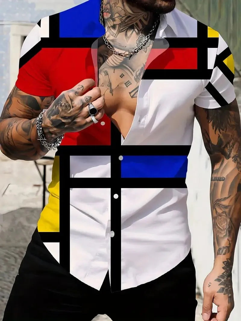 Men's slim fit geometric print short sleeve shirt with lapel collar in a light colour.