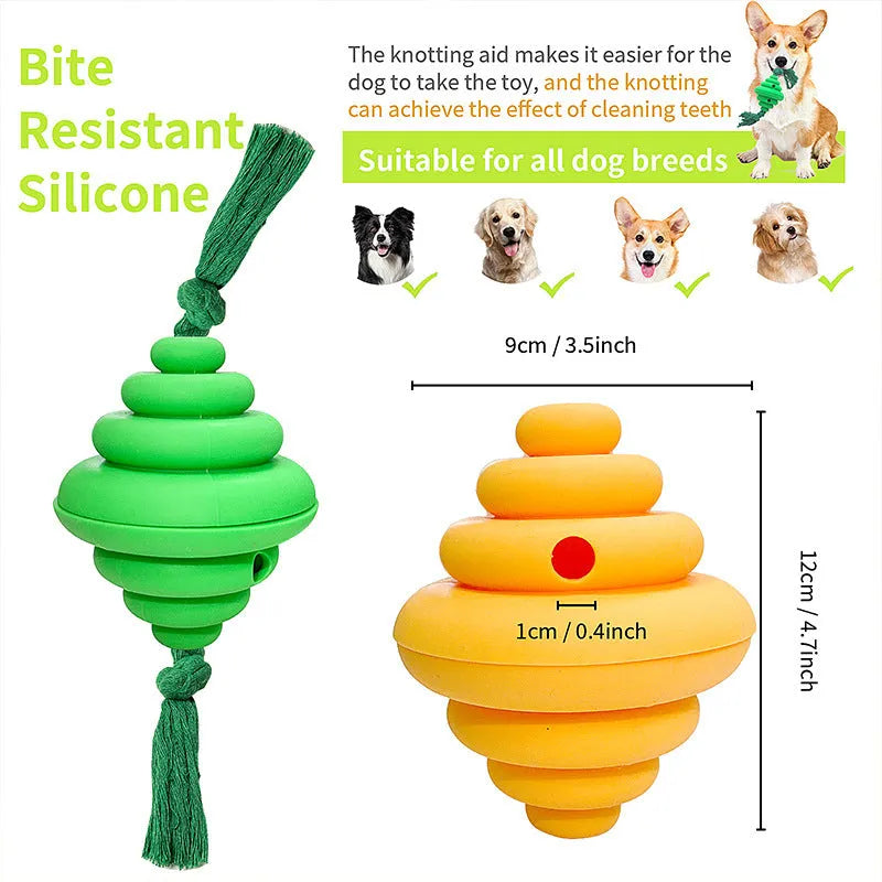 Green and yellow split spiral dog ball toy with rope for tug of war and treat dispensing