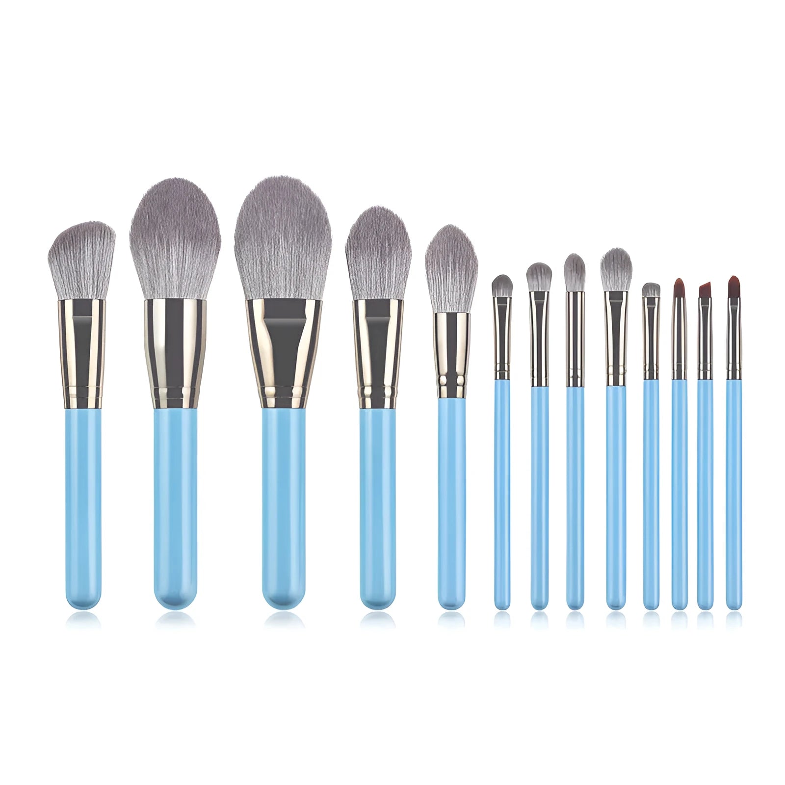 Blue 13-piece synthetic hair makeup brush set with wooden handles and aluminum ferrules on a clean surface