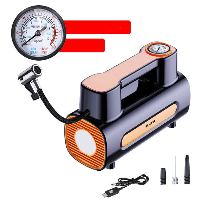 Cordless tyre inflator with digital display and LED light charging via USB