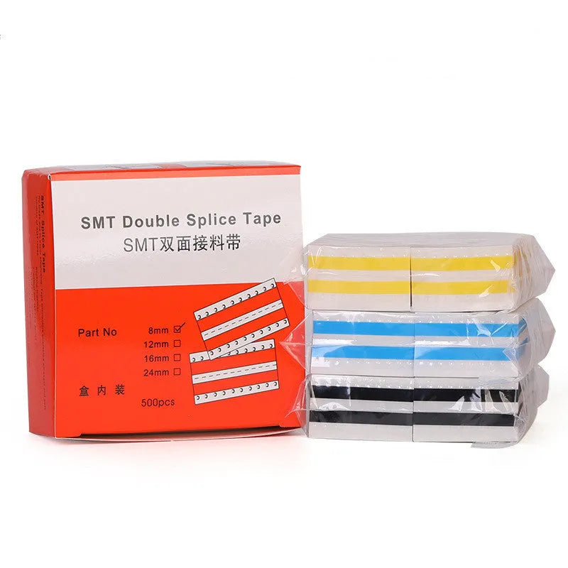 SMT double-sided splicing tape rolls in yellow, black, blue and gum colours showing 8mm, 12mm, 16mm, 24mm width options
