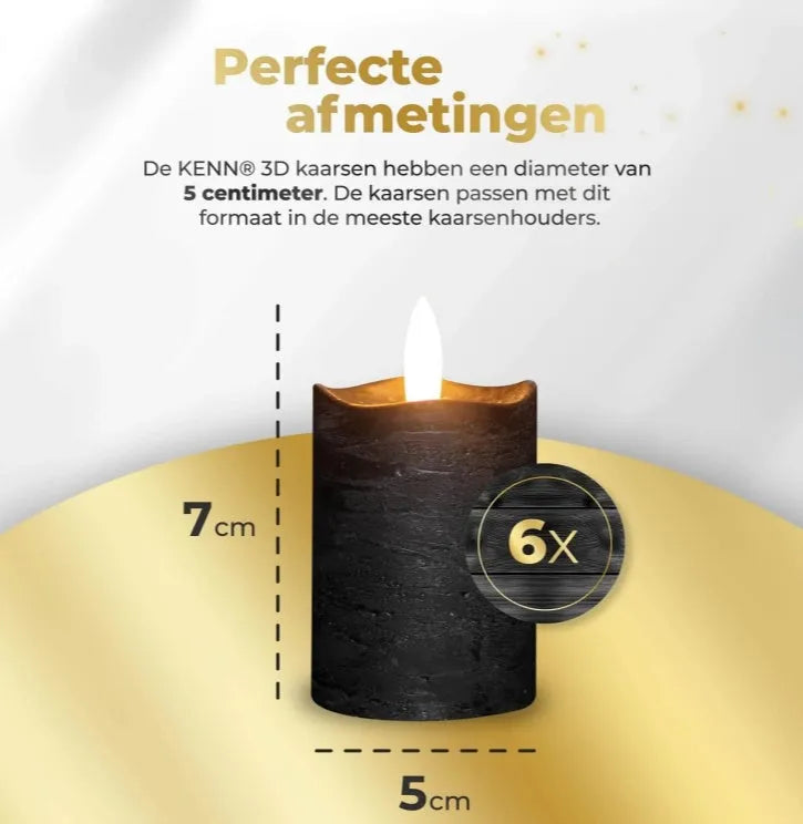 Black S6 LED pillar candle showing flameless light and dimensions of 5cm by 7cm.