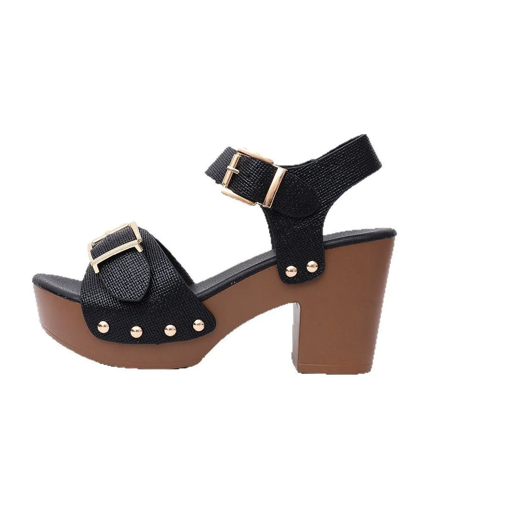 Plus size high heel sandals with buckle rivet detail and thick platform sole in beige colour