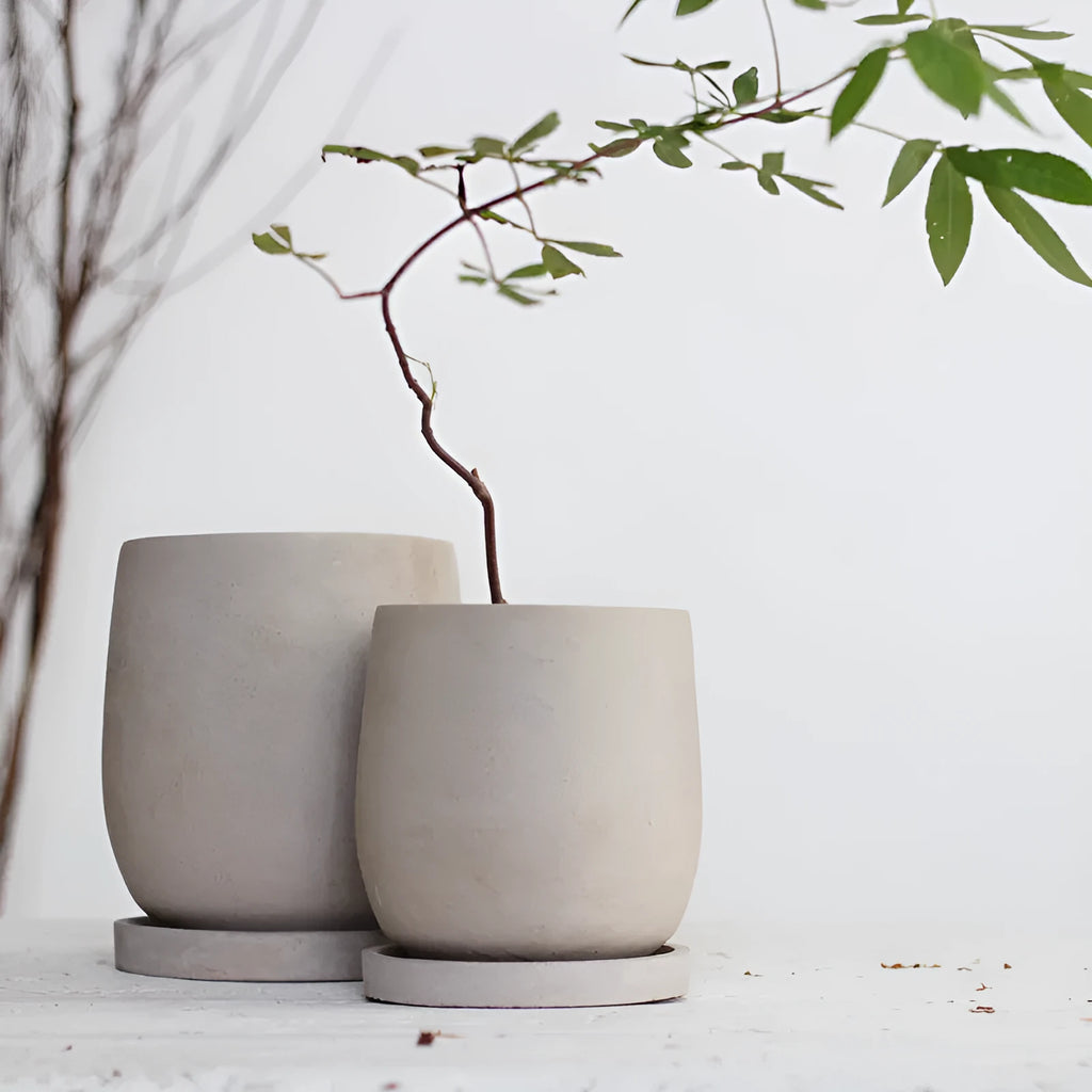 Round cement flower pot 11cm natural colour Chinese style desktop planter with tray