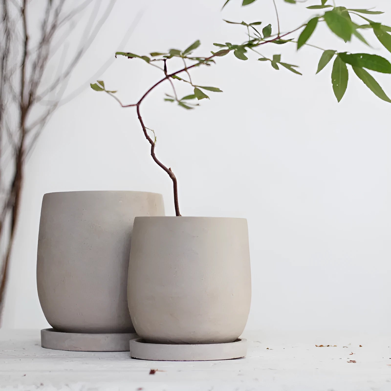 Round cement flower pot 11cm natural colour Chinese style desktop planter with tray